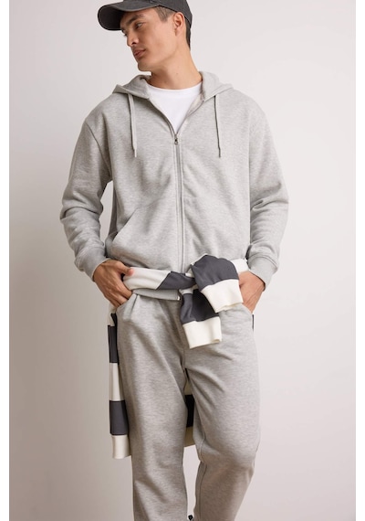 Defacto - Relax Fit Kapüşonlu İçi Yumuşak Tüylü Basic Düz Cepli Kalın Fermuarlı Sweatshirt D7599AX25SP Gri