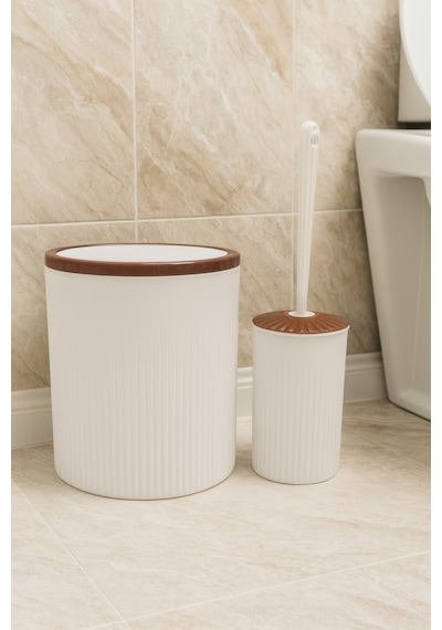 Makri Home Elegan Kahve Beyaz 2 Li Banyo Seti 6 Litre Çöp Kovası & Wc Fırçalık Takımı Kahverengi - Krem