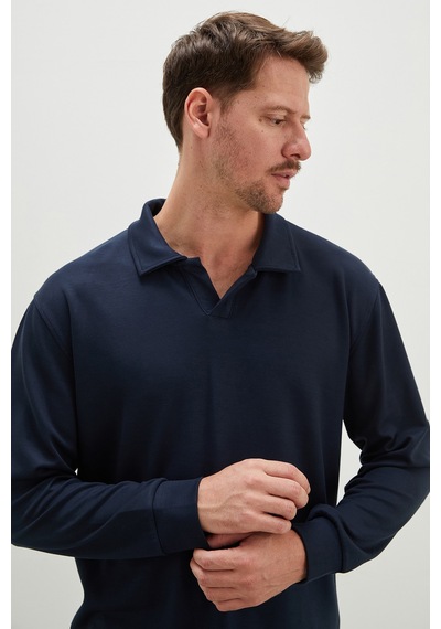 Fullamoda Basic Apaş Yaka Modal Sweatshirt Petrol Mavi