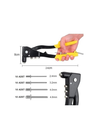 Perçin Tabancası 4 Uçlu Profesyonel Set 2.4/3.2/4.0/4.8 Mm Başlık + 40 Adet Alüminyum Perçin + Anahtar / Meta