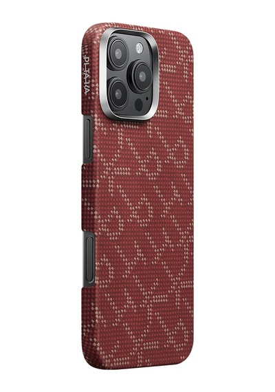 Apple Uyumlu iPhone 16 Pro Max Kılıf Magsafe Özellikli Aramid Fiber Pitaka Tactile Woven Monogram Serisi Kırmızı