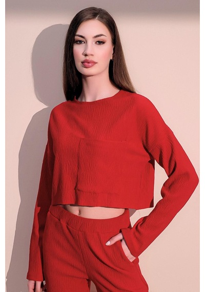 WeShaya Kadın Kırmızı Uzun Kol Kendinden Dokulu Cepli Crop Sweatshirt, Salaş Kesim Bluz Kırmızı