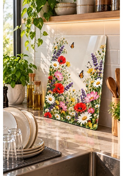 Gökçeoğlu Cam Kesme Tahtası Çiçek Bahçesi Temalı - Cam Kesme Tablası 30cm X 40cm Çok Renkli