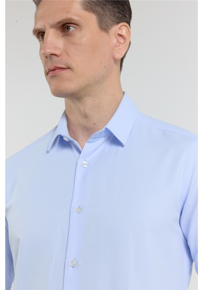 İmza Mavi Kendinden Desenli Sert Yaka Uzun Kol Cepsiz Slim Fit Pamuklu Gömlek 1004255283