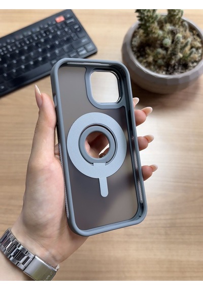 Apple Uyumlu iPhone 15 Pro Standlı Ve Yüzüklü Magsafe Kılıf Soocase721 Gri