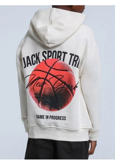 Jack Lions Erkek Çocuk Kapüşonlu Basketbol Baskılı 3 İplik Sweatshirt-14254 Krem