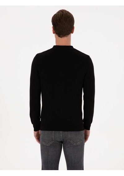 Cacharel Siyah Slim Fit Pamuk Karışımlı Fermuarlı Polo Yaka Triko Kazak