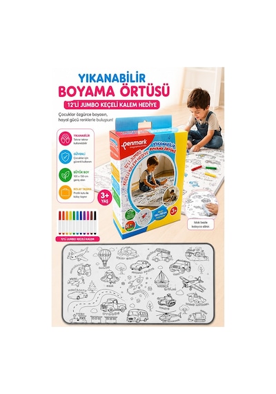 Boyama Örtüsü Yıkanabilir Taşıtlar 100x15 Cm 1 Paket 12 Renk Jumbo Keçeli Kalem Penmark Sevinli Hayvanlar Boyama