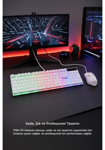 Aydınlatmalı Oyun Odası Oyuncu Rgb Işıklı Kablolu Q Klavye Ve Mouse Seti Tmk03 Beyaz