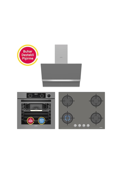 Simfer 0+10 Fonksiyon Steam Master 8246 Fırın + 3656 Ocak + 8740 Davlumbaz Buharlı Gri 3'lü Ankastre Set
