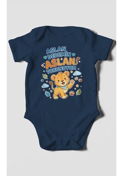 Morivokids Aslan Dedemin Aslan Torunuyum Kısa Kollu Bebek Body %100 Pamuk Lacivert