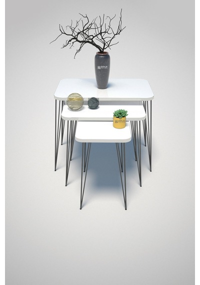 Metal Ayaklı Zigon Sehpa 3 Lü Set Beyaz