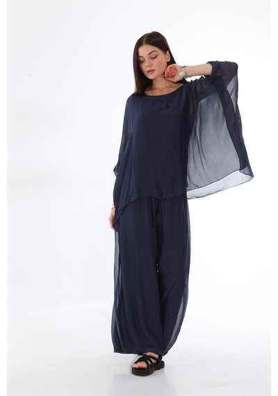 Bohem Stil İtalyan Yarasa Kol İpek Bluz & Pantolon Takım-8767 Lacivert