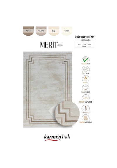 Merit Mr004a Krem Halı Kahverengi Kenar Çerçeveli Ince Yumuşak Akrilik Tozuaz Modern Salon Halısı-133 Krem