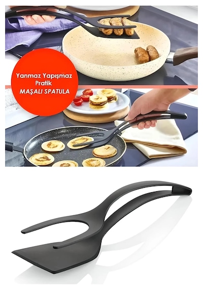 Pratik Yanmaz Yapışmaz Teflon Maşalı Spatula 220 Dereceye Dayanıklı Teflon Servis Set 1 Adet