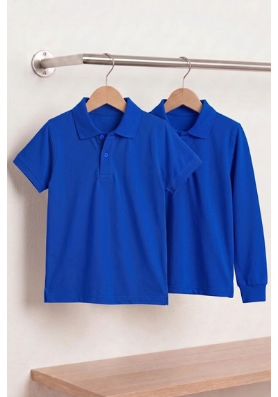 Nacar Store Unisex Çocuk Uzun Ve Kısa Kollu Polo Yaka Okul Tişörtü 2'li Set Saks Mavi