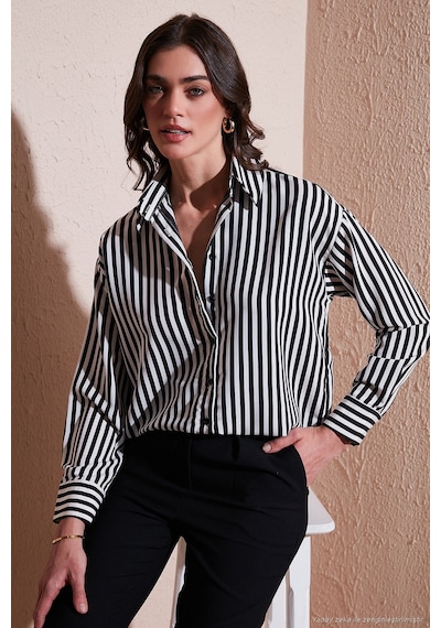 Lela Standart Fit Klasik Yaka Çizgili Bayan Gömlek 6772894 Siyah