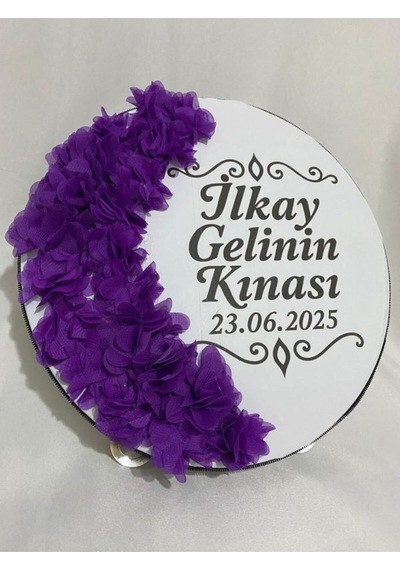 Gelin Tefi 30cm, İsim Ve Tarih Yazılı Yarım Ay Şeklinde Tasarlanmış Düğün Kına Tefi Mor