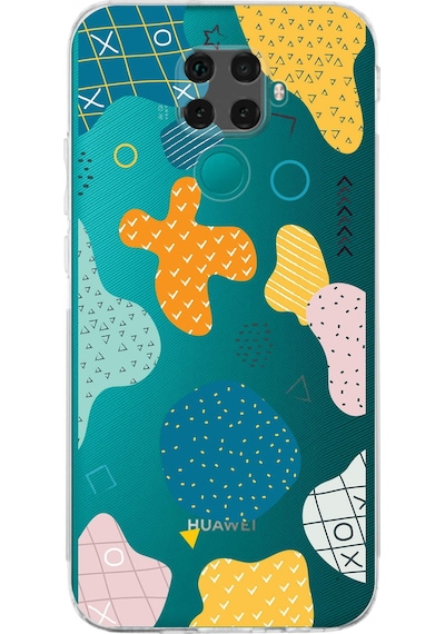 Huawei Mate 30 Lite Uyumlu Kamera Korumalı Geometrik Şekiller Tasarımlı Şeffaf Kılıf Şeffaf