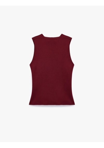 Koton Slim Fit Katlı Kolsuz Viskon Karışımlı V Yaka Bluz Bordo 7wal30002ıt