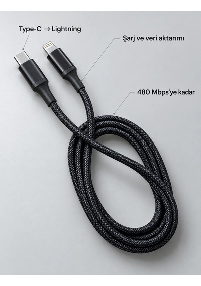 Mey İthalat Type C Lightning Örgülü Şarj Ve Veri Kablosu 2 Metre -