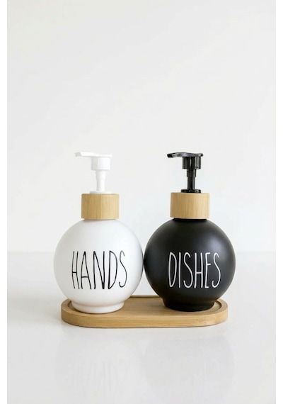 Makri Home 2'li Cam Sıvı Sabunluk Seti Ve Bambu Stant 450 Ml Siyah-beyaz Beyaz - Siyah