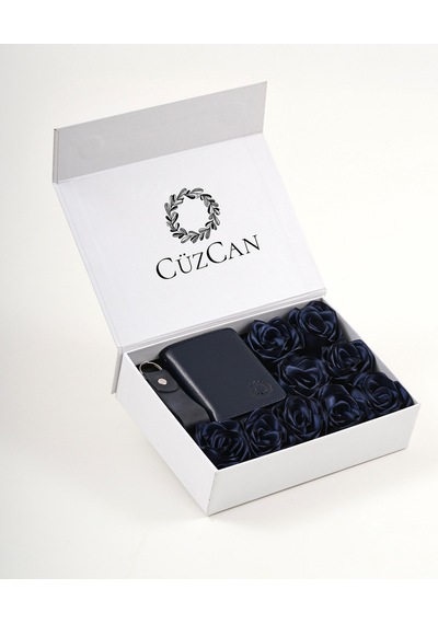 Premium Gift Rose Box - Roco Lacivert Hakiki Deri Cüzdan - Anahtarlık Ve Lacivert Gül Kutusu Lacivert