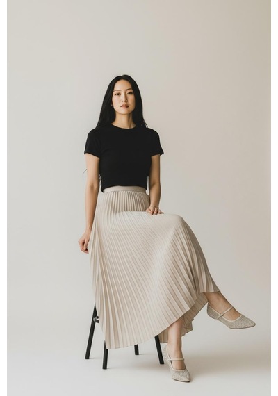 Eren Style Pileli Pamuklu Dokuma Viskon Kışlık Etek 95 Cm - 38-48 Krem