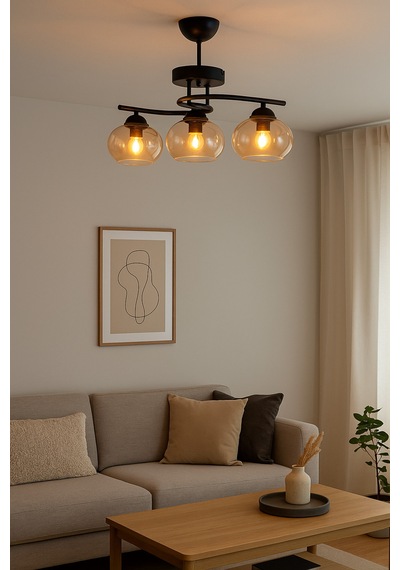 Fuji Modern Dekoratif Salon - Mutfak - Yatak Odası Siyah Renk Bal Camlı 3 Lü Avize Siyah Ball2 Siyah Ball2