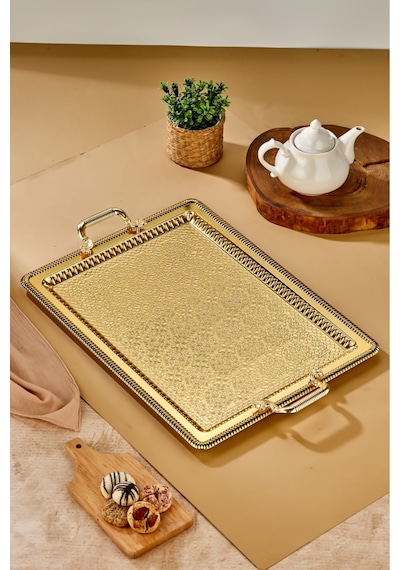 Cooker Metal Dikdörtgen Battal Boy Gold Sunum Tepsisi 60x40 Cm Ckr3544 Diğer