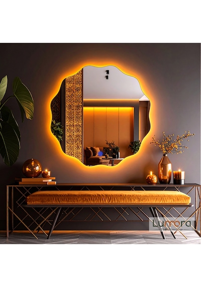 Cirelia Amber Led'li Lazer Kumlamalı Lavabo & Banyo Aynası Dokunmatik Sensörlü 80 X 80 Turuncu