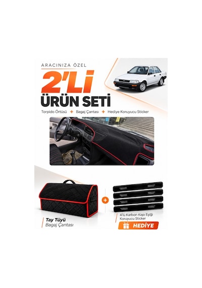 E-biz Toyota Corolla Fındık Kasa 1988-1991 Uyumlu Torpido + Tay Tüyü Çanta - Siyah-kırmızı - To011