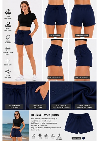 Winmoda Kadın Havuz Deniz Şortu Siyah Cepli Beli Lastikli Lacivert