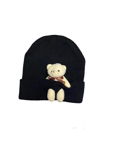 Emybox Peluş Ayıcıklı Penye Renkli Unisex Bere Siyah