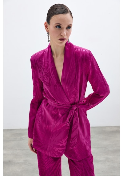 Sateen Kuşaklı Desenli Uzun Ceket - Fuşya-135679 Fuşya