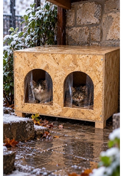 Reyo 2 Bölmeli Yetişkin Kedi Evi, Kedi Barınağı, Sokak Hayvanları İçin Kedi Barınağı, Kedi Yuvası, Rüzgar ve Soğuğa Dayanıklı Ahşap 61x41x36 cm CAT50