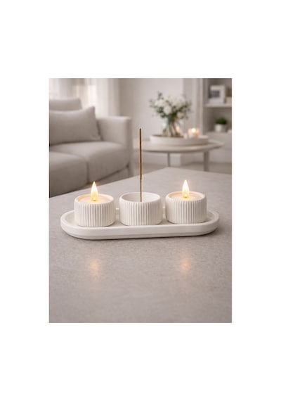 Modern Tütsülük Ve Mumluk 4 Lü Set 3d Baskı Dekoratif Ev & Masaüstü Aksesuarı Beyaz