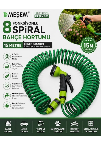 Meşem 8 Fonksiyonlu Spiral Bahçe Hortumu 15 Mt Esnek Tasarım İle Kolay Kullanım Sunar Kod :963