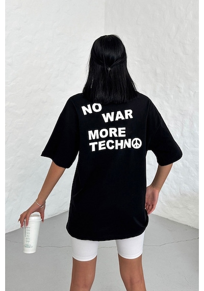 Technomonkey Unisex Siyah Oversize No War More Techno Baskılı Tişört