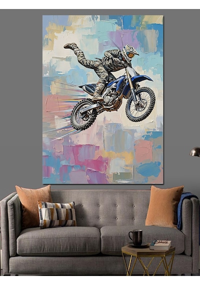 Ahşap Tablo Havada Uçan Motokros Motoru