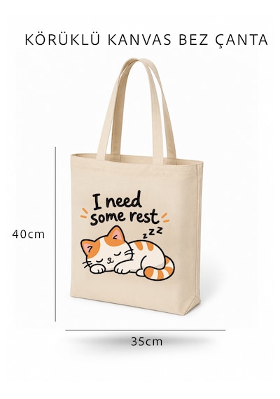 Lunora Collection I Need Some Rest Kedi Baskılı Körüklü Kanvas Bez Çanta Açık Ten