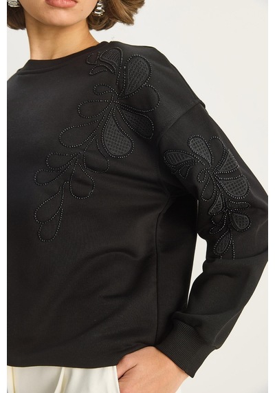 Shade Kadın Bisiklet Yaka Çiçek Nakış Ve Boncuk İşlemeli Sweatshirt 1562 60283633 - Siyah