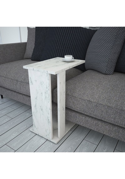 Pasific Home Single Çok Amaçlı Tekerlekli C Sehpa ,Koltuk Sehpası - Beyaz Mermer