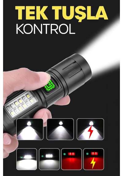 7 Mod Şarjlı El Feneri Zoomlu Type-c Cob Led Lamba Acil Durum Işığı 4228 Siyah