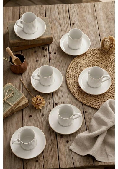 Kitchen Life Özel Tasarım Altın 12 Parça 6 Kişilik Çizgili Kahve Fincan Takımı 100 Ml - Kahve Fincan Seti