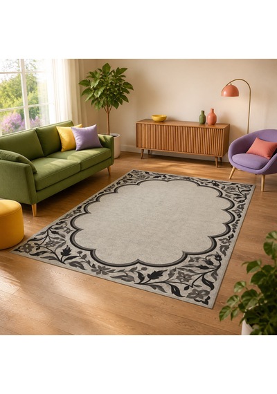 Kartela Halı Bulut Çerçeveli Klasik Halı Antrasit Kaymaz Taban Makinede Yıkanabilir 80x120 Cm