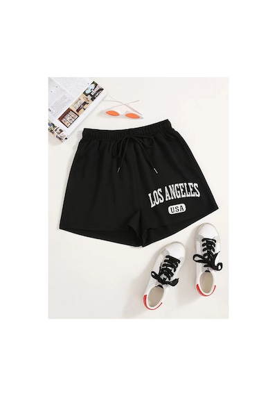 Tarzsokak Letter Graphic Drawstring Şort Siyah