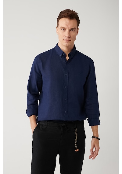 Avva Erkek Lacivert %100 Keten Düğmeli Yaka Comfort Fit Gömlek B002191 Lacivert
