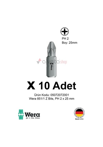 Alveta Wera 851/1 Z Ph2 X 25mm Tornavida Ucu 10 Adet Vidalama Bits Uç Seti Profesyonel Seri