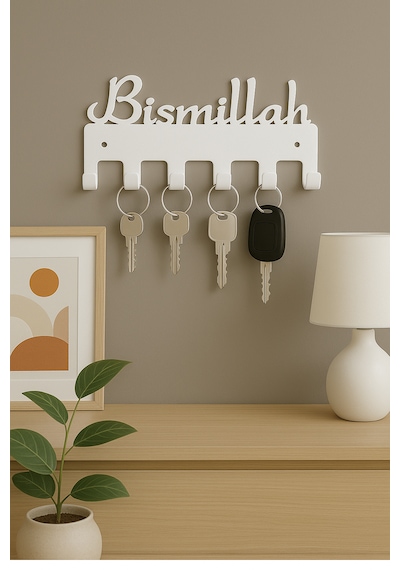 Lunoart Bismillah Yazılı Metal Anahtarlık Askılığı Siyah 6 Askılı Modern Duvar Dekoru Beyaz